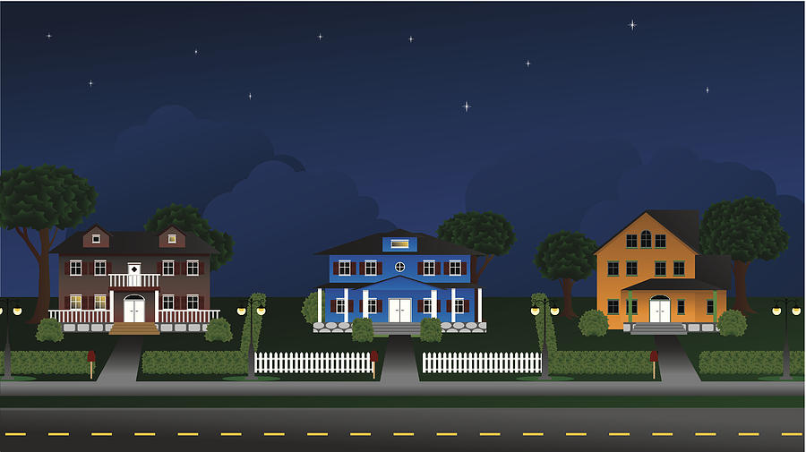 Suburbia - Houses at night - Illustration Drawing by Horned_Rat