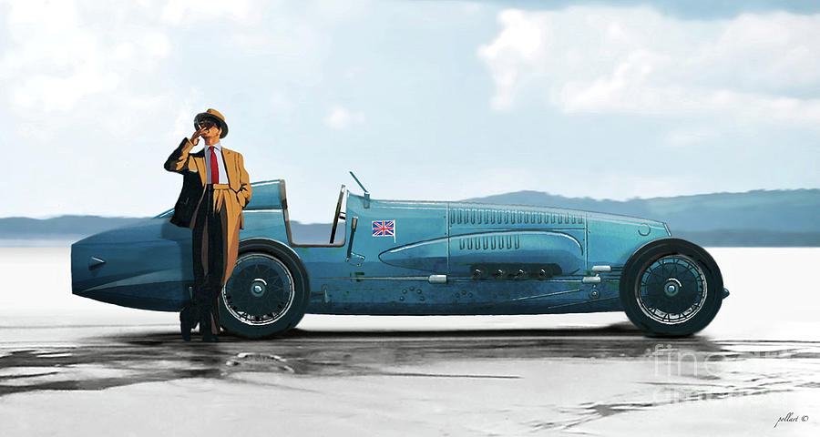 Bluebird II, 1928, World Record land speed record at Pendine Sands, Wales, 178.88 mph  Painting by Thomas Pollart