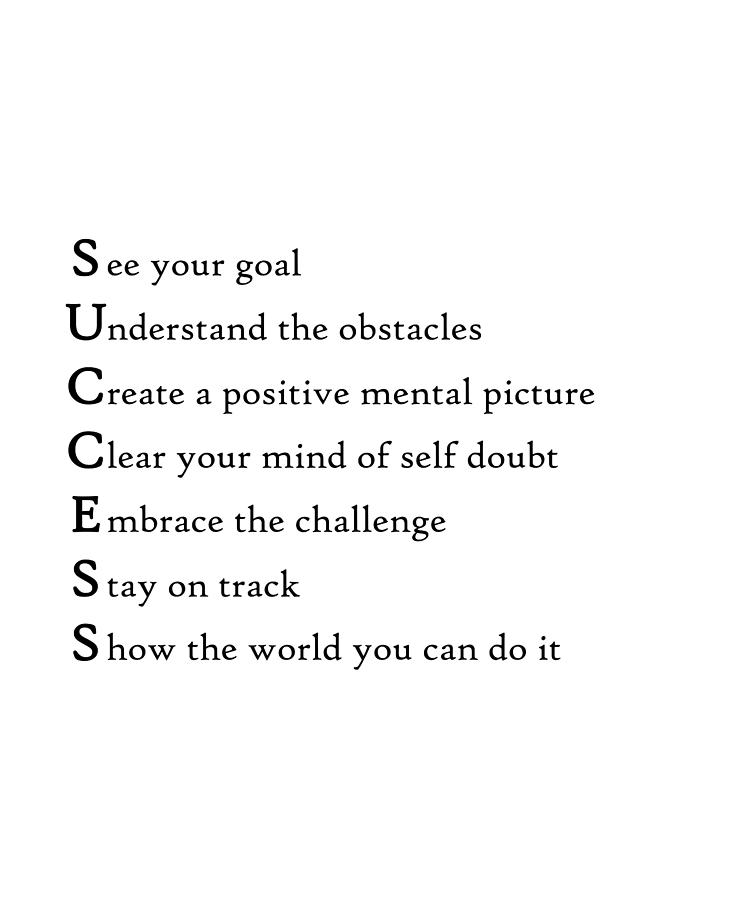 S ee Your Goal U nderstand The Obstacles C reate A Positive Mental Picture  C lear Your Mind Of Self Doubt E mbrace The Challenge S tay On…