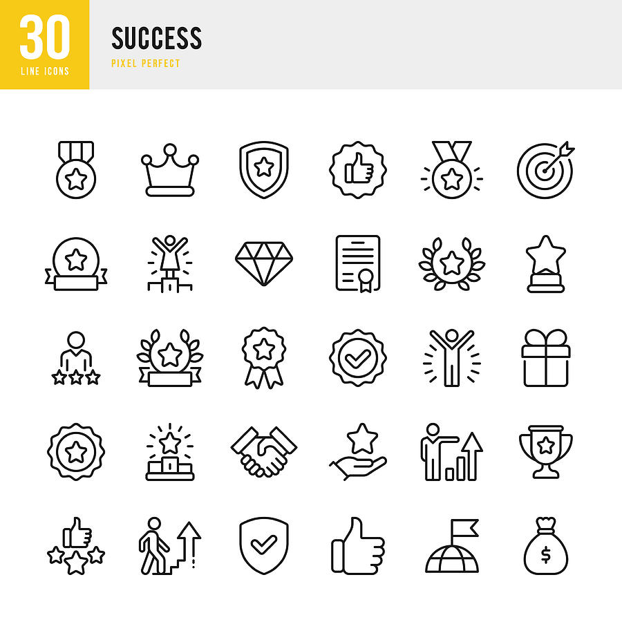SUCCESS - thin line vector icon set. Pixel perfect. The set contains icons: Award, Trophy, Medal, Crown, Winners Podium, Congratulating, Certificate, Laurel Wreath. Drawing by Fonikum