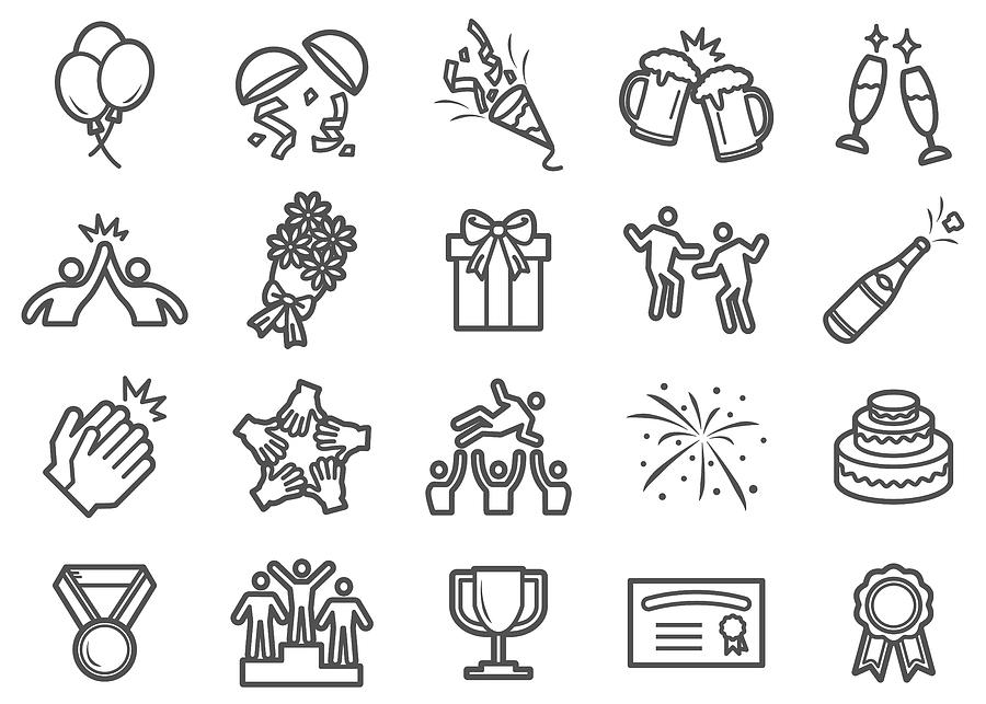 Successful and Celebration Line Icons Drawing by Supphawat Satichob