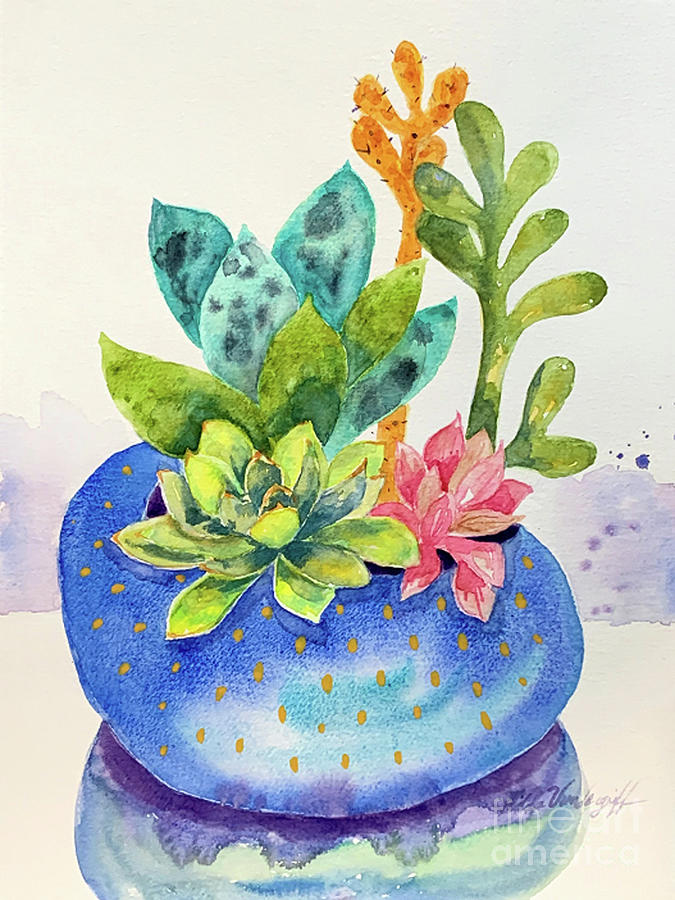 Succulents in Blue Pot Painting by Hilda Vandergriff