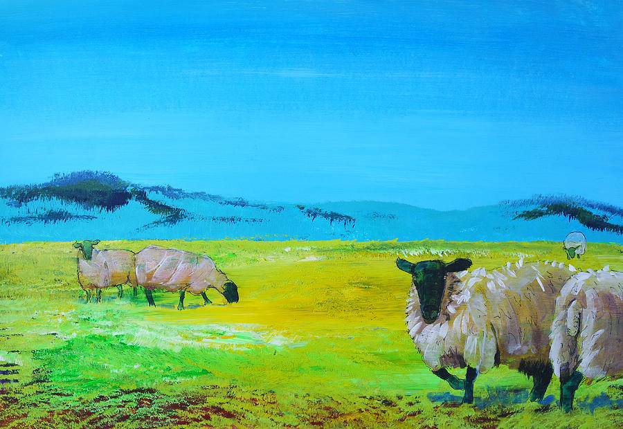 Suffolk Sheep under blue sky painting Painting by Mike Jory
