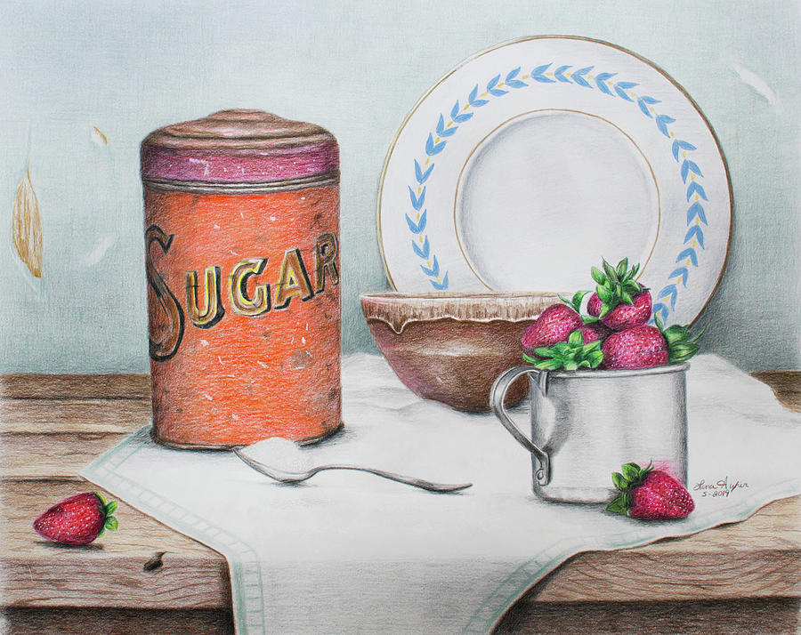 Sugar and Strawberries Nostaglia Drawing by Lena Auxier