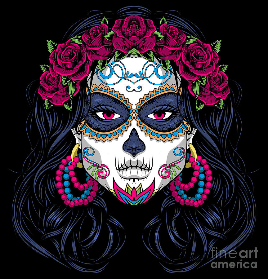 Day Of The Dead Digital Art - Sugar Skull Lady La Calavera Catrina Santa Mu...