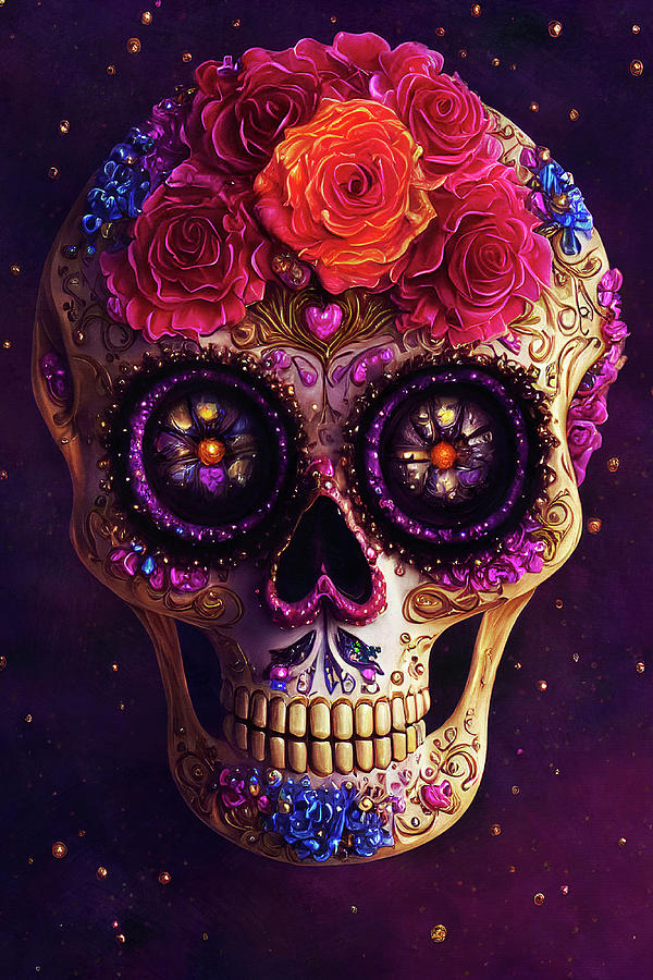 Sugar Skull - Purple Background Digital Art by Peggy Collins