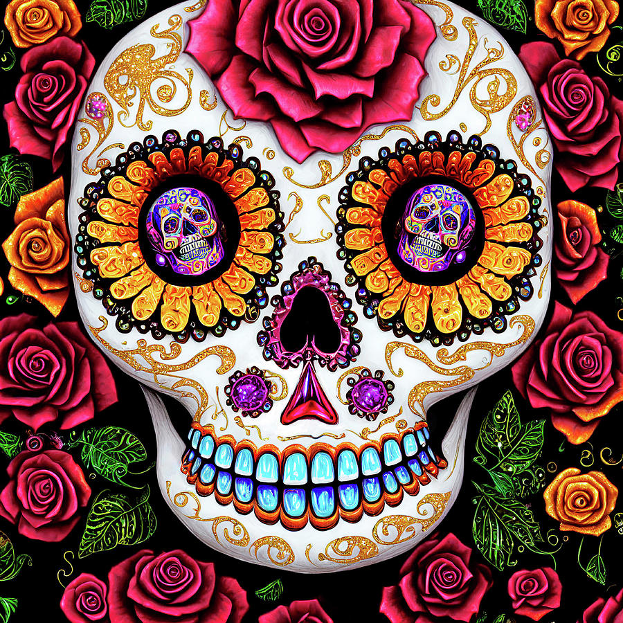 Sugar Skull - Red and Yellow Roses Digital Art by Peggy Collins