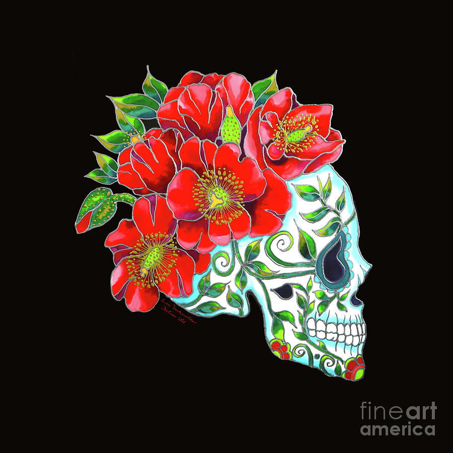 Sugar Skull With Red Poppies Painting