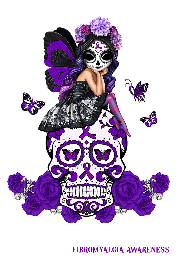 Sugar Skull Woman Purple Ribbon Fibro Awareness Fibro Survivor Fibro Prevention For Skull Lover