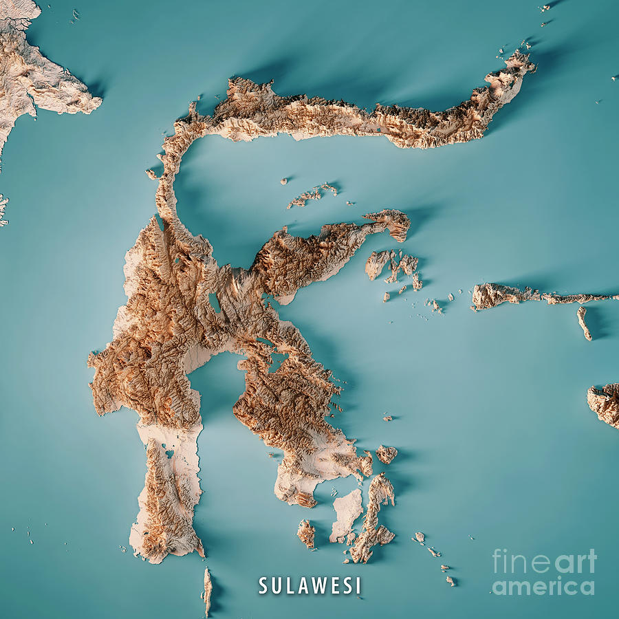 Sulawesi Island 3D Render Topographic Map Neutral Digital Art by Frank ...