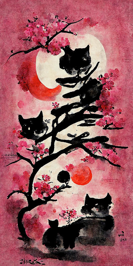 Sumi-e Catz 5 Mixed Media by Sampad Art | Fine Art America