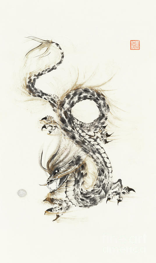 Sumi-e painting of a coiled mystical asian dragon playing with a ...