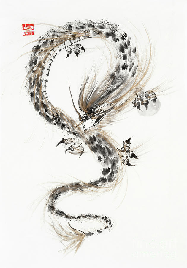 Sumi-e painting of Asian Dragon with the Night Shining Pearl Painting ...