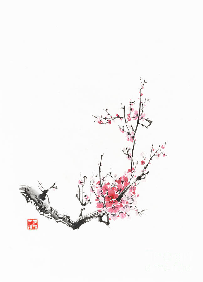 Sumi-e painting of plum blossoms sakura tree branch with pink fl ...