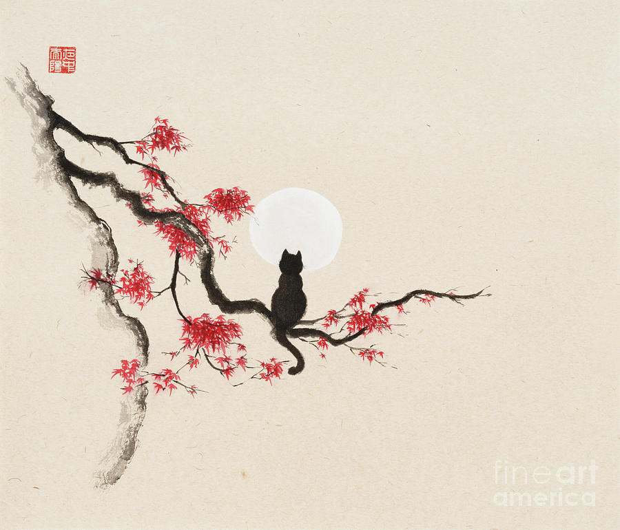 Cat Painting - Sumi-e painting on rice paper of a black cat sitting on maple tr by Awen Fine Art Prints