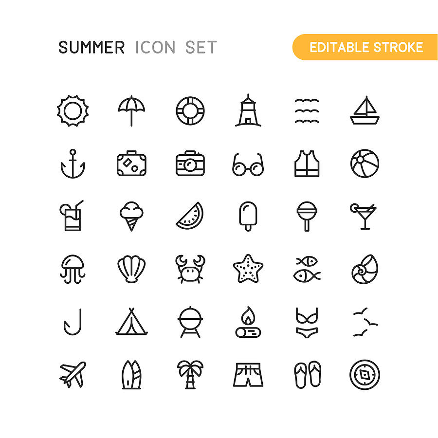 Summer & Travel Outline Icons Editable Stroke Drawing by Bounward