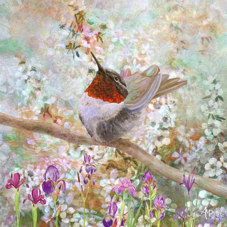 Hummingbird Painting - Summer At The Pond by Angeles M Pomata