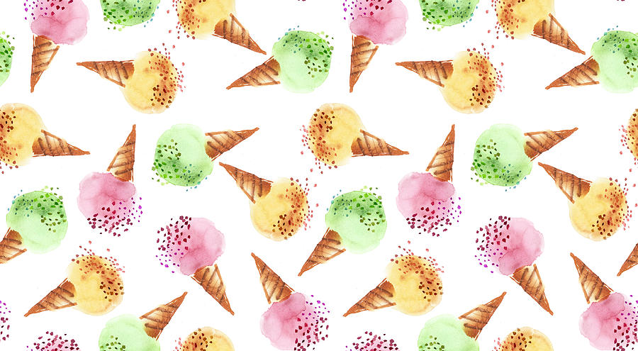 Summer Assorted Ice Dessert Color Watercolor Drawing. Ice-cream Balls In Corn Hand Drawn Background. Seamless Pattern Raster Illustration.hand Painted Sweet Summer Dessert Background Drawing