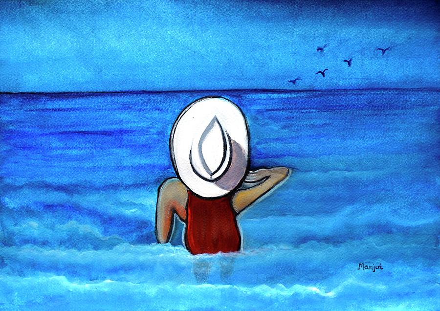 Summer beach Fun Lady with hat  Painting by Manjiri Kanvinde
