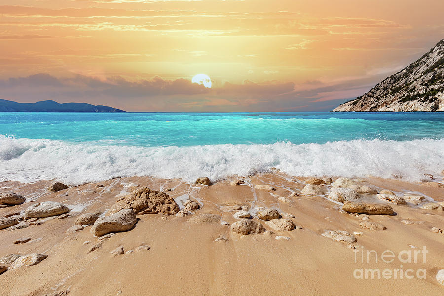 Summer beach in Greece at sunset. Myrtos beach Photograph by Michal Bednarek