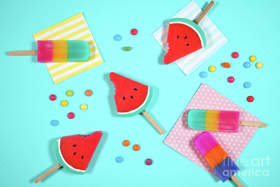 Summer beach vacation theme flatlay styled with watermelon and ice creams Photograph by Milleflore Images