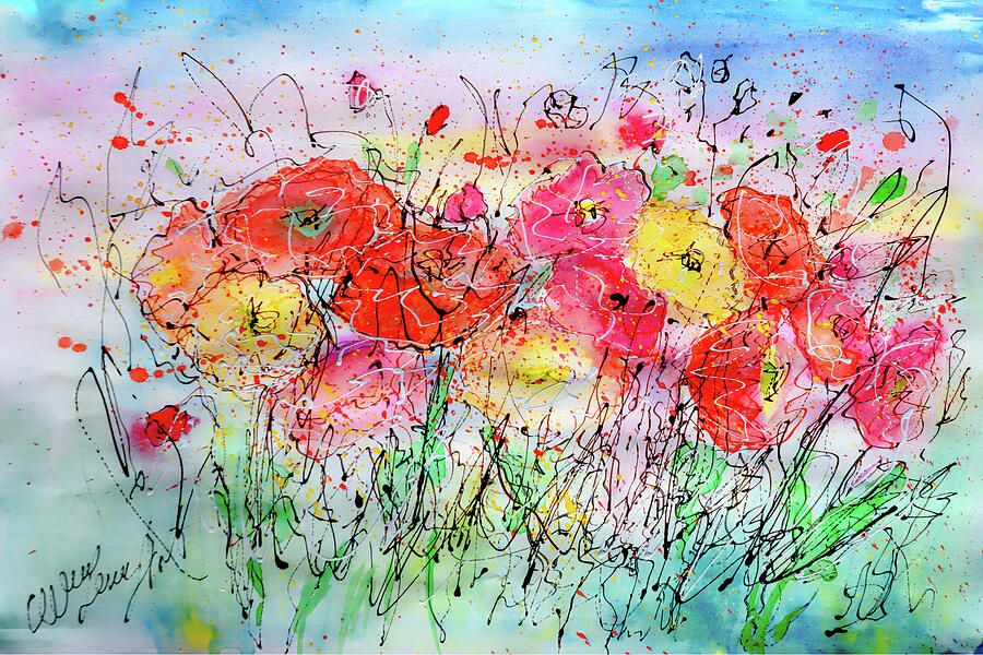 Poppy Meadow Field in the Summer Breeze Painting by OLena Art