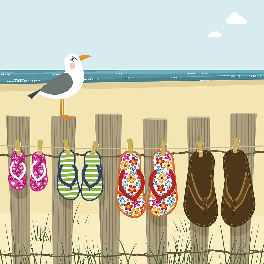 Summer family, flip flops beach sea sand illustration vector Drawing by Myillo