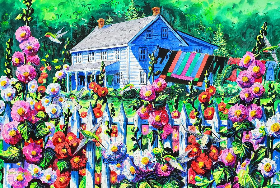 Summer Farm House and Hollyhocks Painting by Diane Phalen