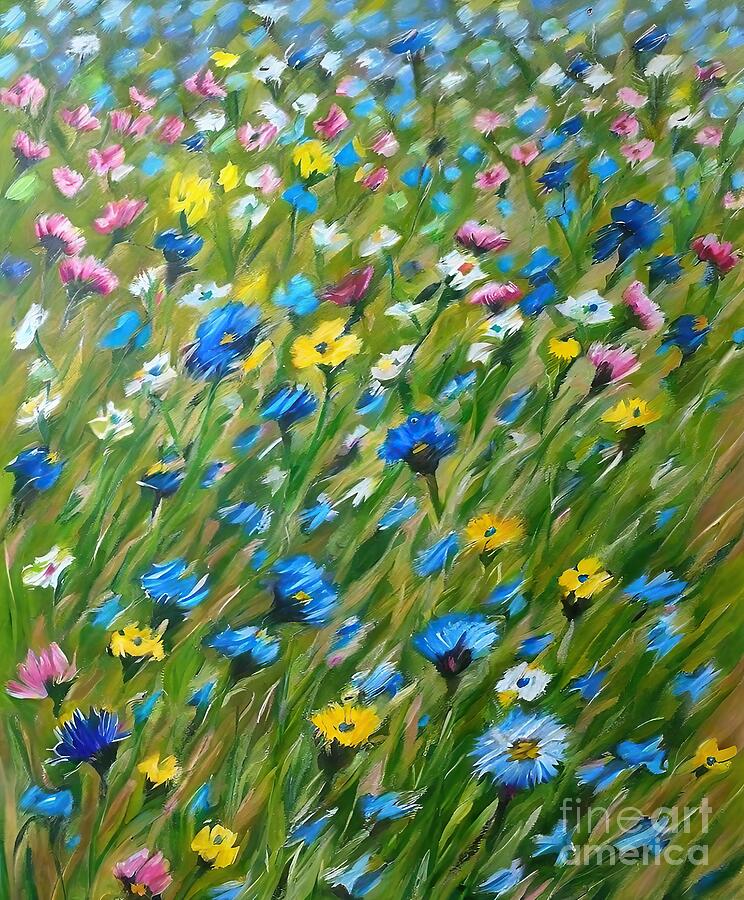 Summer Painting - Summer field Painting Flower field Summer Summer field Fields Meadow Flowers Colorful Green Sunny day art artist artistic artwork backgroundting beautiful beauty blossom blue canvas color daisy by N Akkash