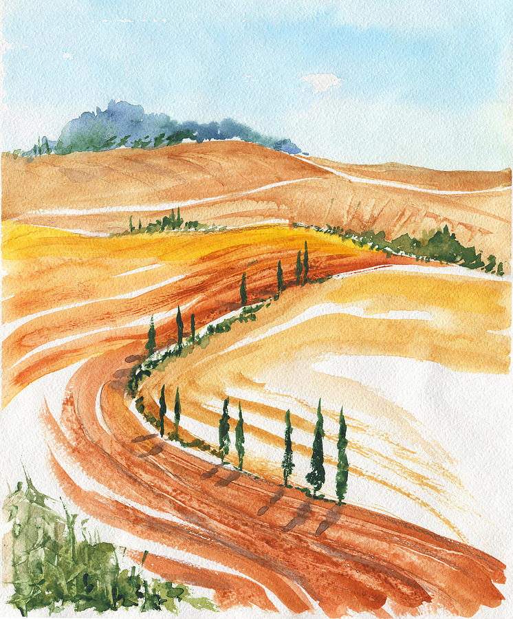 Summer Fields. Watercolor Painting. Tuscan Landscape Nature, Hand Drawn Detailed Illustration Drawing