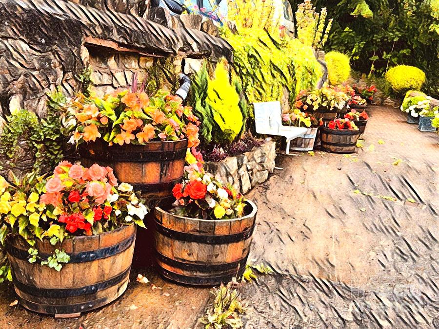 Summer Flower Display in Wood Barrels Mixed Media by Loretta S