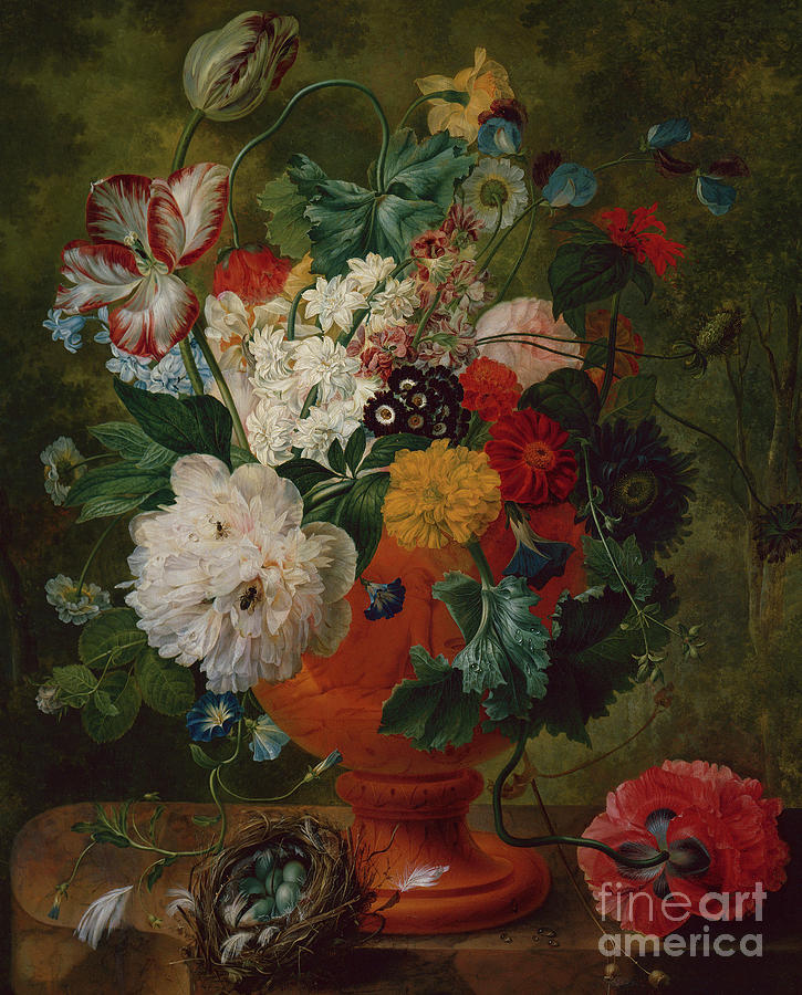 Summer Flowers in an Urn with a Bird Nest on a Marble Ledge Painting by Gerard van Spaendonck