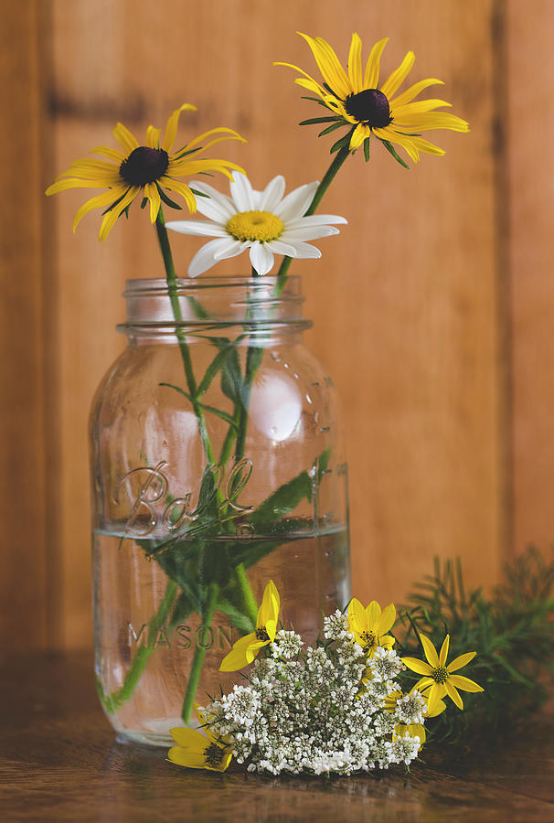 Summer Flowers In Mason Jar Photograph by Andrew Pacheco
