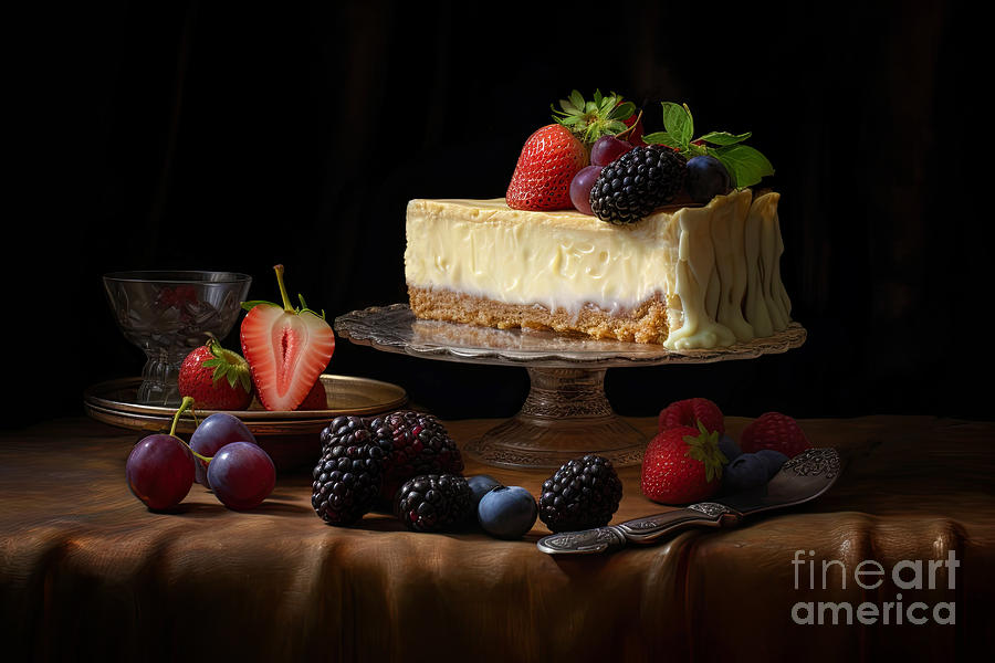 Summer fruit cheesecake. Dark and moody still life in the style of an Old Master painting. Cake on glass stand surrounded by fresh berries.  Photograph by Jane Rix