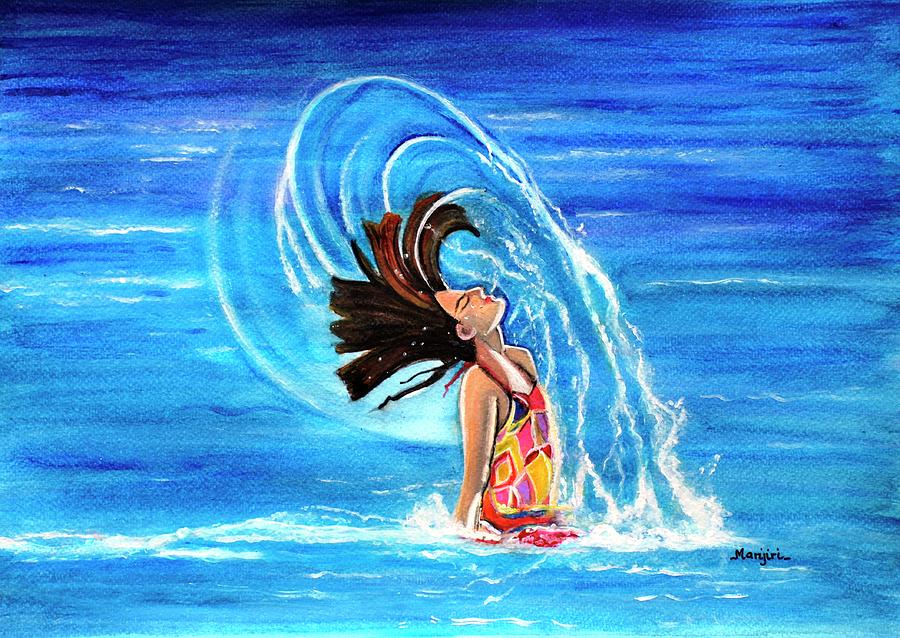 Summer fun women swimming in the sea gift art on sale Painting by Manjiri Kanvinde
