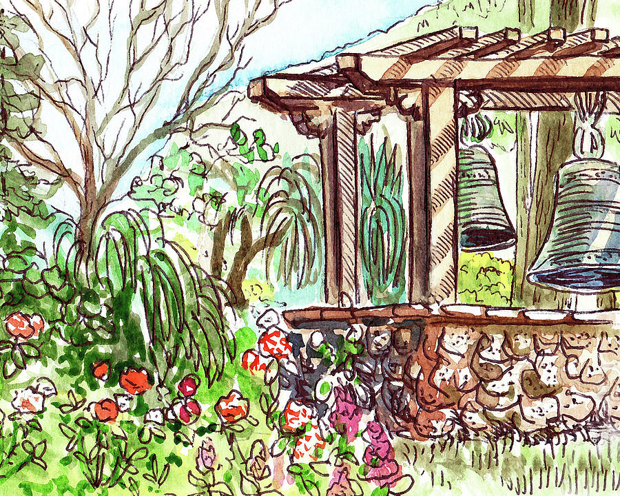 Summer Garden With Gazebo And Bells Watercolor  Painting by Irina Sztukowski