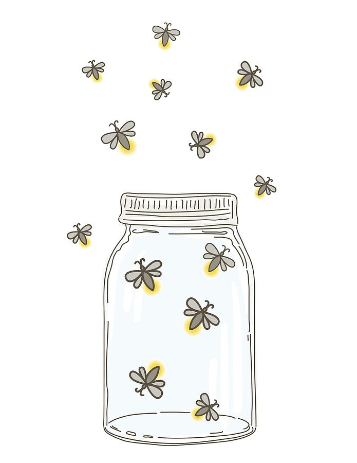 Summer Hand Drawn Mason Jars With Fireflies Drawing by Diane Labombarbe