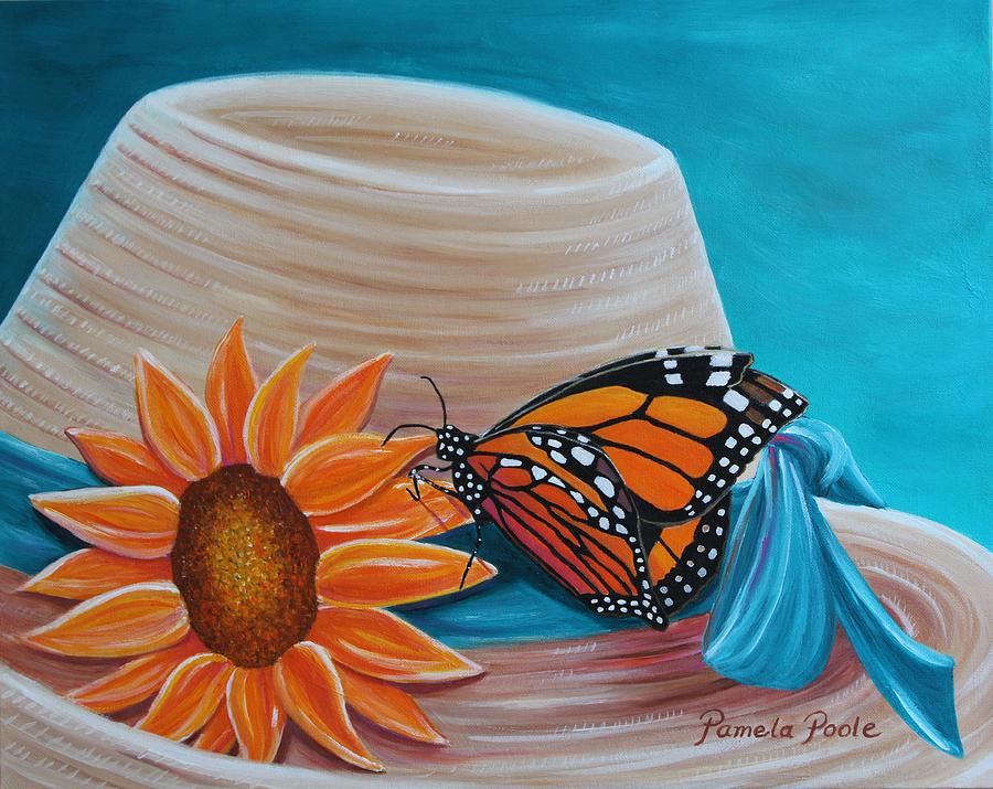 Summer Hat with Butterfly and Sunflower Painting by Pamela Poole