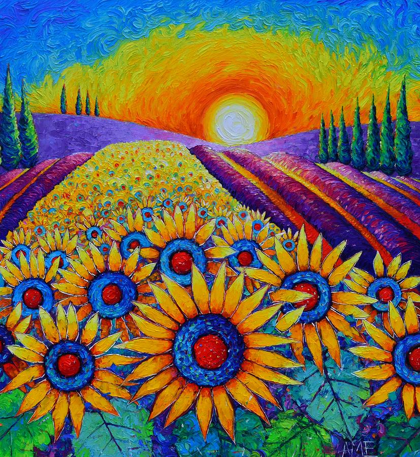 SUMMER IN PROVENCE sunflowers and lavender fields commissioned impasto painting Ana Maria Edulescu Painting by Ana Maria Edulescu