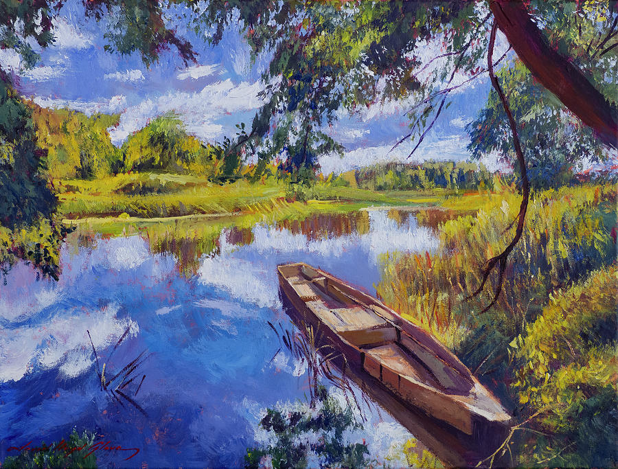 Summer Lake Boat Painting by David Lloyd Glover