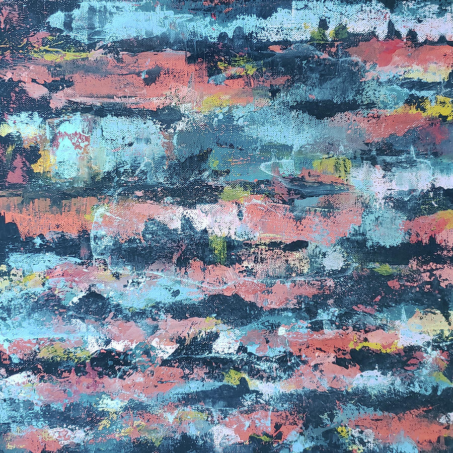 SUMMER LAKE HOUSE Abstract in Navy Blue Light Blue Coral Pink Painting by Lynnie Lang