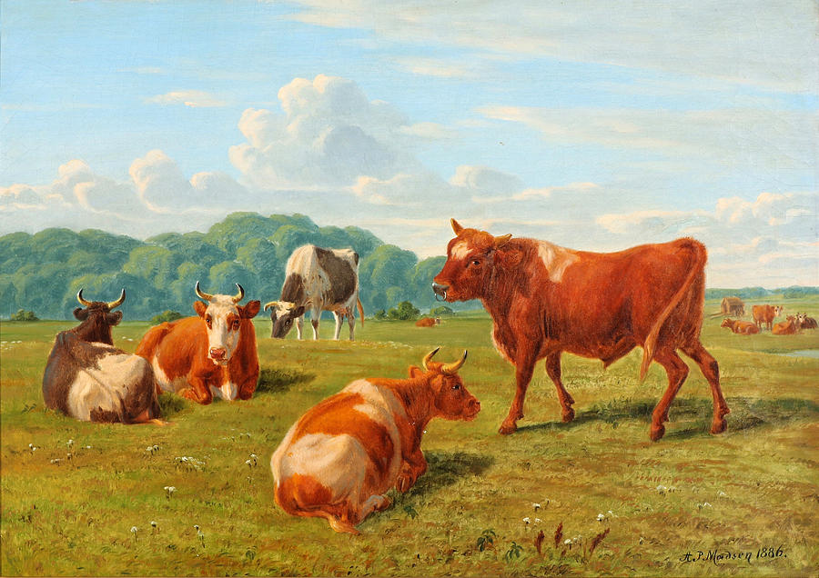 Summer landscape with grazing cattle Painting by Andreas Peter Madsen