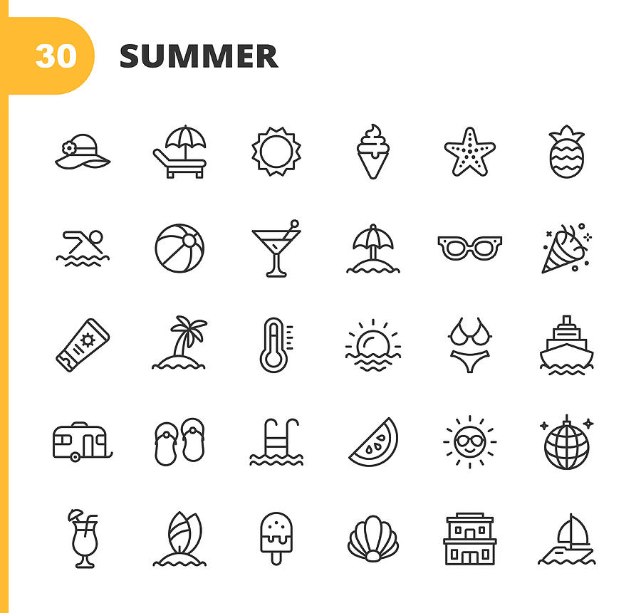 Summer Line Icons. Editable Stroke. Pixel Perfect. For Mobile and Web. Contains such icons as Summer, Beach, Party, Sunbed, Sun, Swimming, Travel, Watermelon, Cocktail, Beach Ball, Cruise, Palm Tree. Drawing by Rambo182