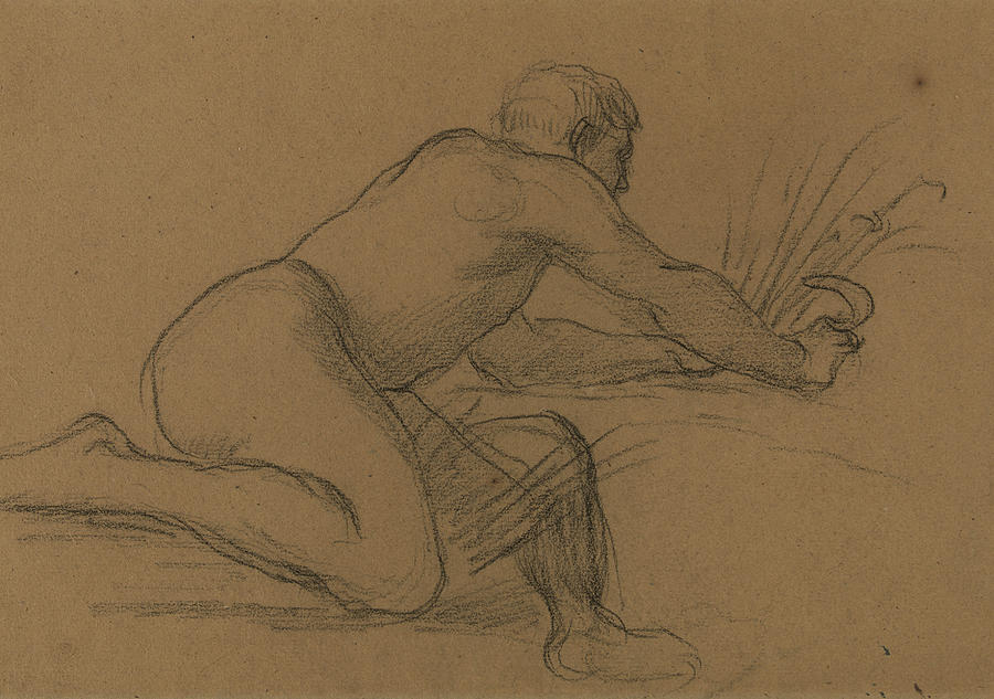 Summer - Naked Crouching Man Cutting Herbs with a Sickle Drawing by Pierre Puvis de Chavannes