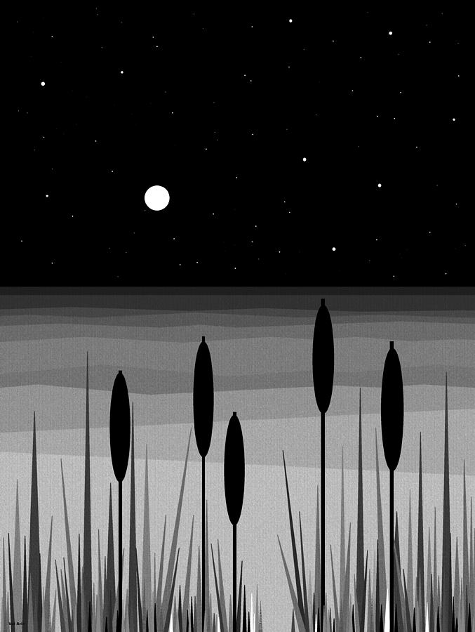 Summer Digital Art - Summer Nights - Black and White with Full Moon by Val Arie