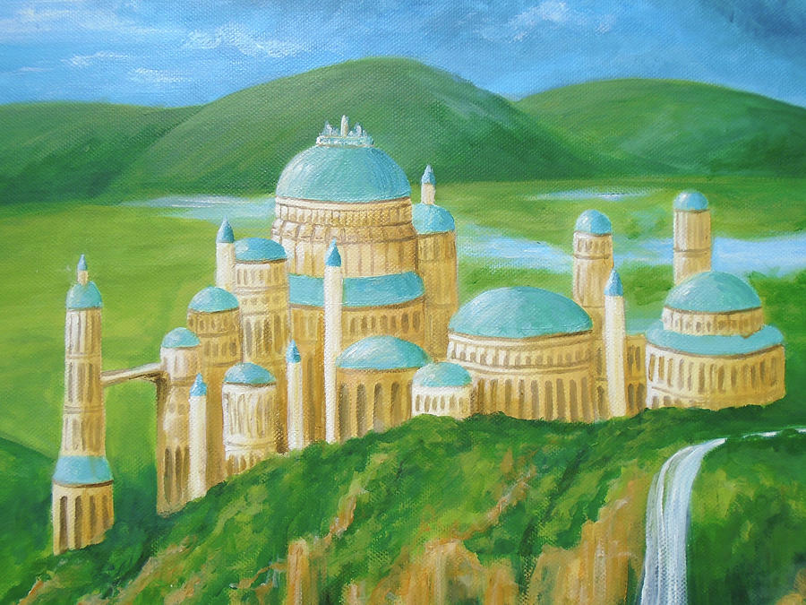 Fairy Castle on the Hill Painting, Sunny Dreamland Fantasy Art Painting by Aneta Soukalova