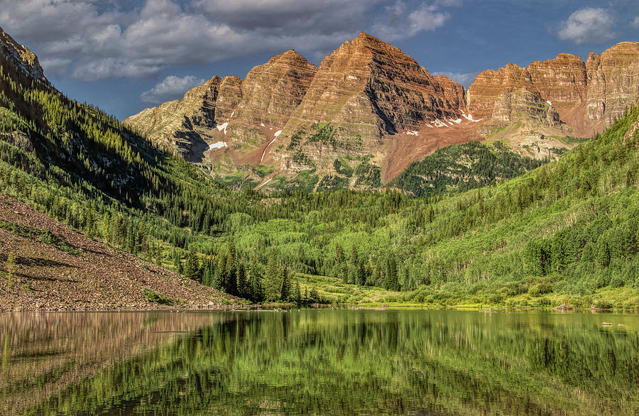 Summer Reflections, The Maroon Bells of Colorado Photograph by Marcy Wielfaert