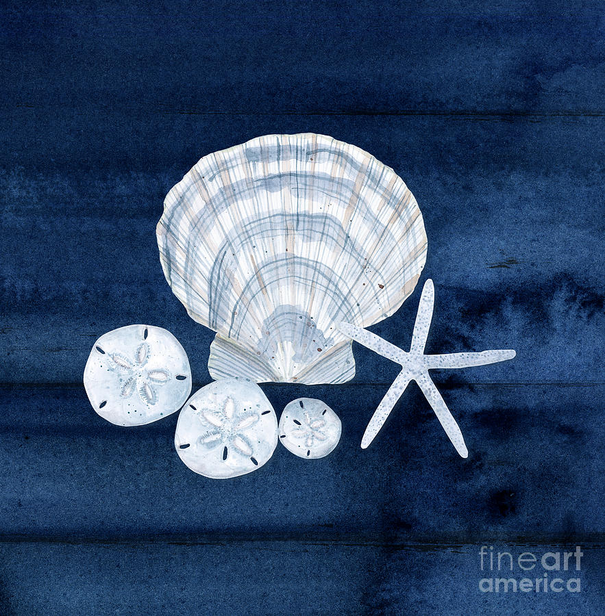 Summer Seas 7 Scallop Shell Sand Dollars and Starfish Navy and White Painting by Audrey Jeanne Roberts