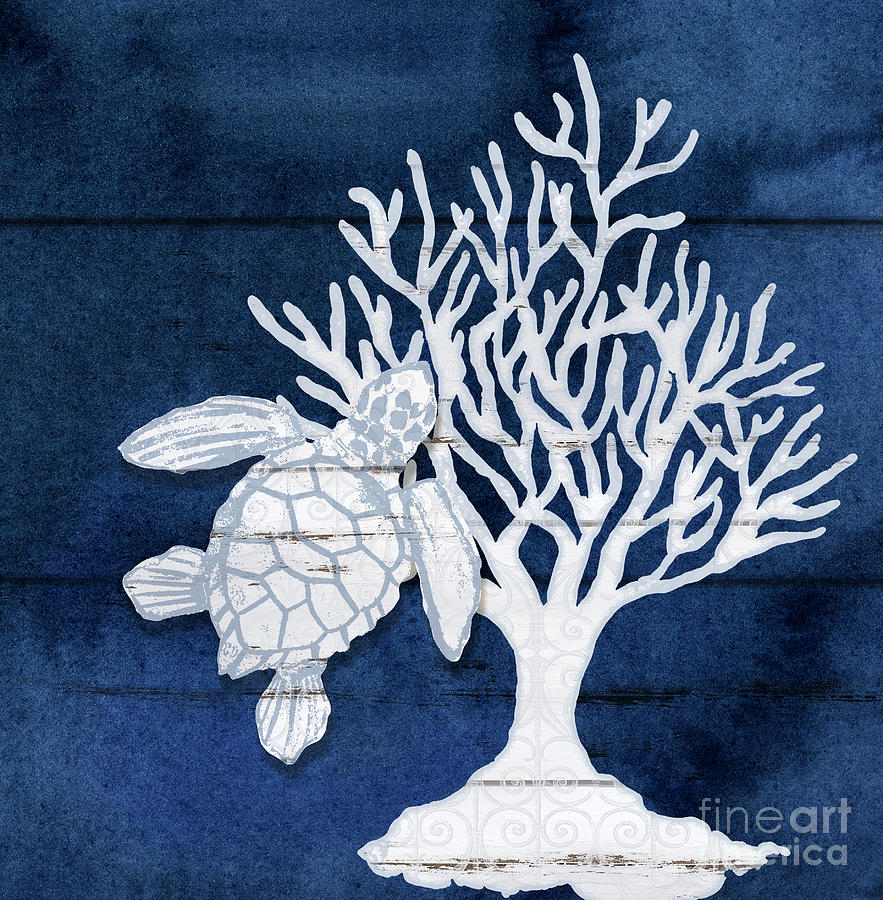 Shell Painting - Summer Seas 8 Sea Turtle and Fan Coral Navy and White by Audrey Jeanne Roberts