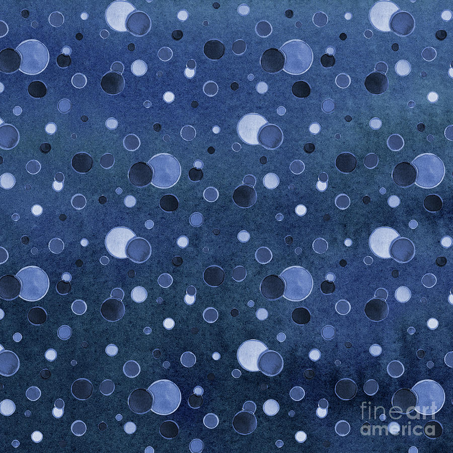 Summer Seas Navy Blue White Bubbles Circle Pattern Watercolor Painting by Audrey Jeanne Roberts